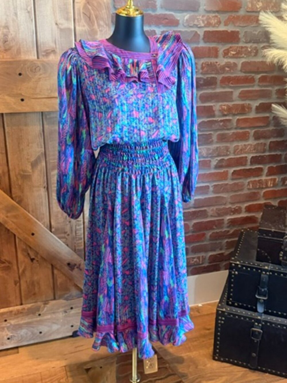 Vtg Diane Freis 80s Silk Look Georgette Abstract Ruffle Midi Dress Puff Sleeve